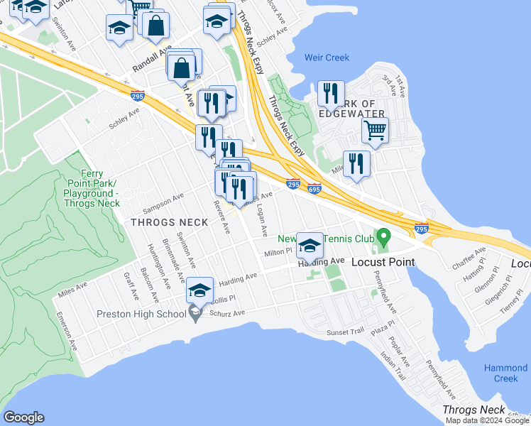 map of restaurants, bars, coffee shops, grocery stores, and more near 282 Logan Avenue in Bronx