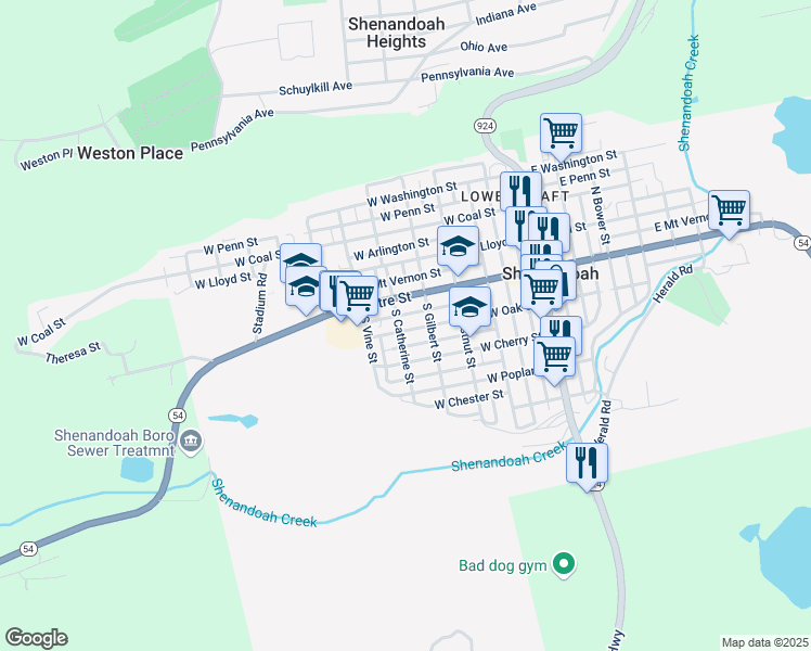 map of restaurants, bars, coffee shops, grocery stores, and more near 435 West Oak Street in Shenandoah