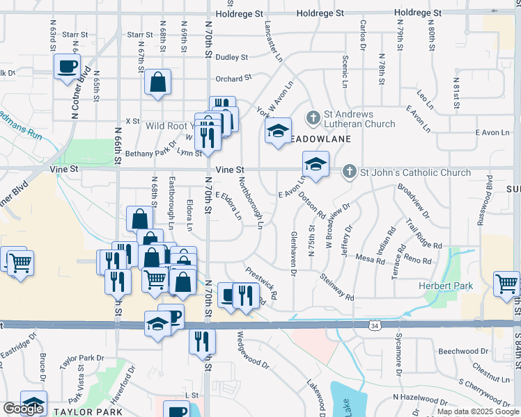 map of restaurants, bars, coffee shops, grocery stores, and more near 620 Northborough Lane in Lincoln
