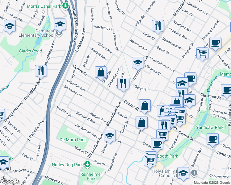 map of restaurants, bars, coffee shops, grocery stores, and more near 20 Povershon Road in Nutley