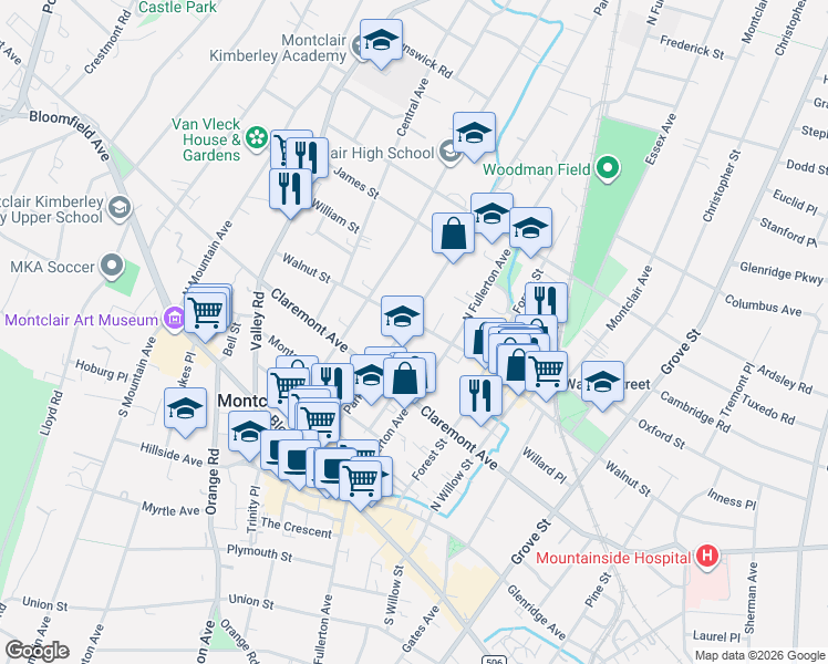 map of restaurants, bars, coffee shops, grocery stores, and more near 77 Park Street in Montclair