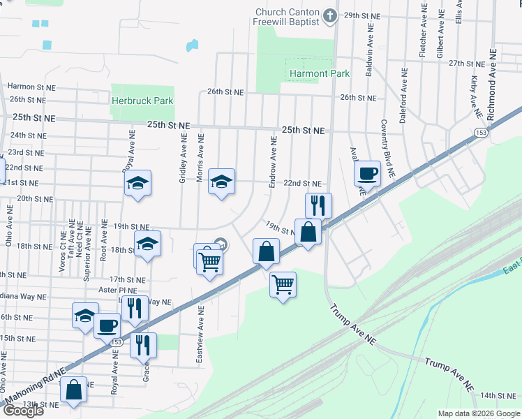 map of restaurants, bars, coffee shops, grocery stores, and more near 1911 Endrow Avenue Northeast in Canton