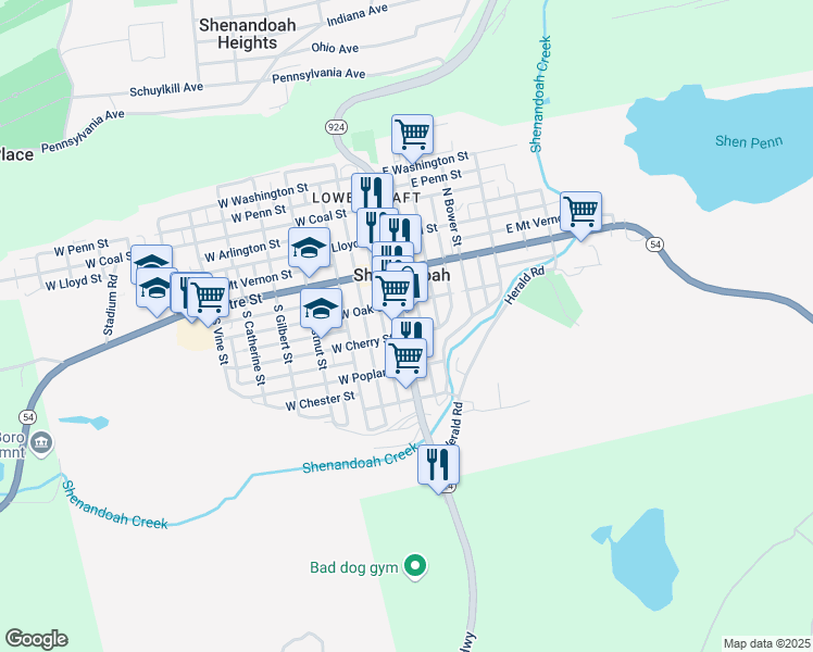 map of restaurants, bars, coffee shops, grocery stores, and more near 117 Main Street in Shenandoah