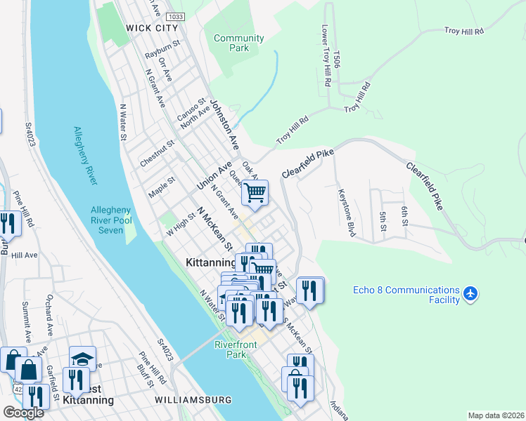 map of restaurants, bars, coffee shops, grocery stores, and more near 126 Queen Street in Kittanning
