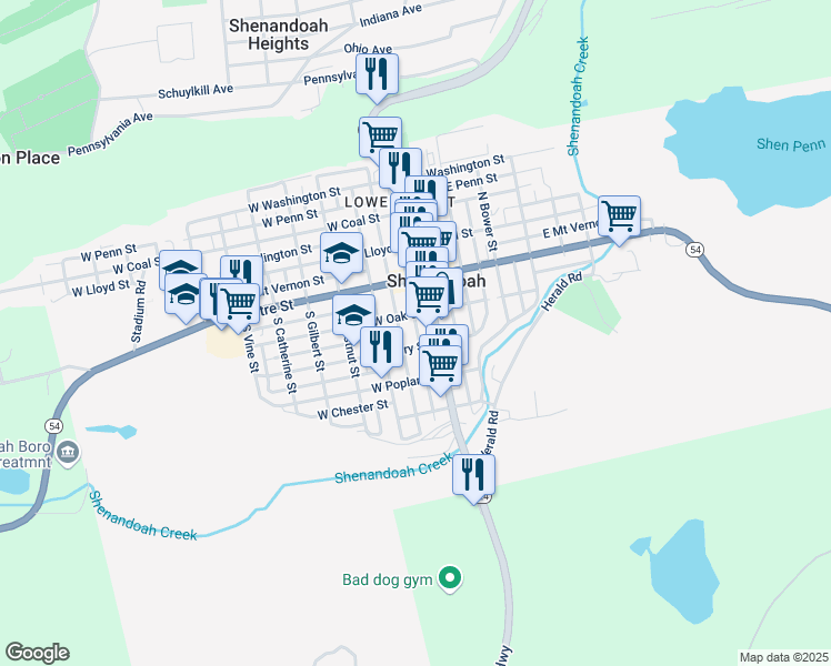 map of restaurants, bars, coffee shops, grocery stores, and more near 124 South Ferguson Street in Shenandoah