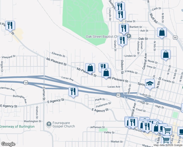 map of restaurants, bars, coffee shops, grocery stores, and more near 1228 Doemland St in Burlington