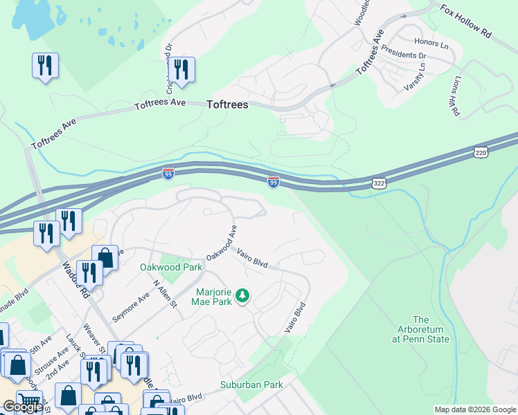 map of restaurants, bars, coffee shops, grocery stores, and more near 642 Oakwood Avenue in State College