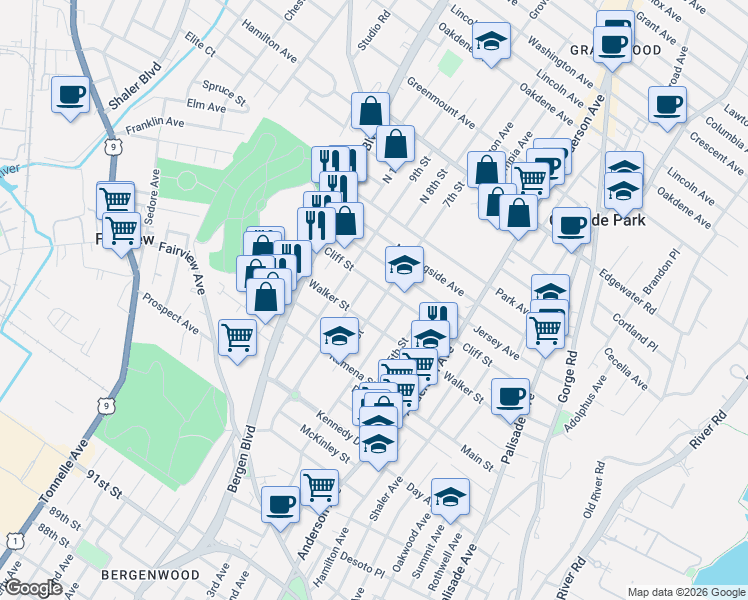 map of restaurants, bars, coffee shops, grocery stores, and more near 454 Cliff Street in Fairview
