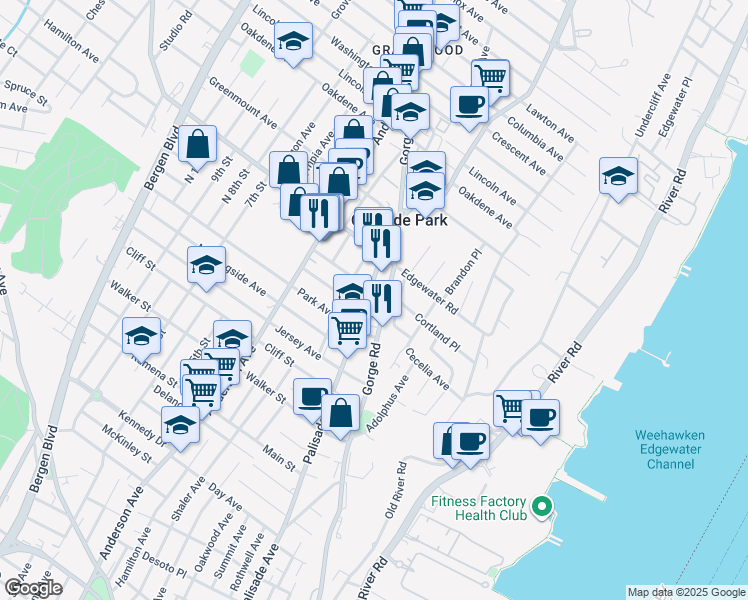 map of restaurants, bars, coffee shops, grocery stores, and more near 180 Edgewater Road in Cliffside Park