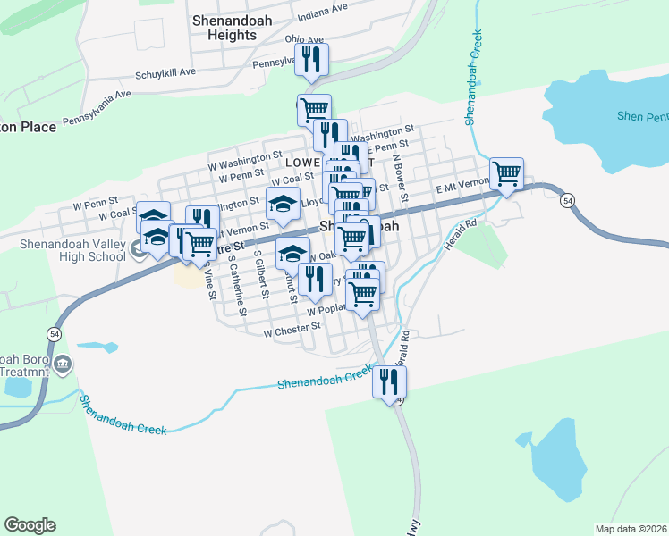 map of restaurants, bars, coffee shops, grocery stores, and more near 119 South Jardin Street in Shenandoah
