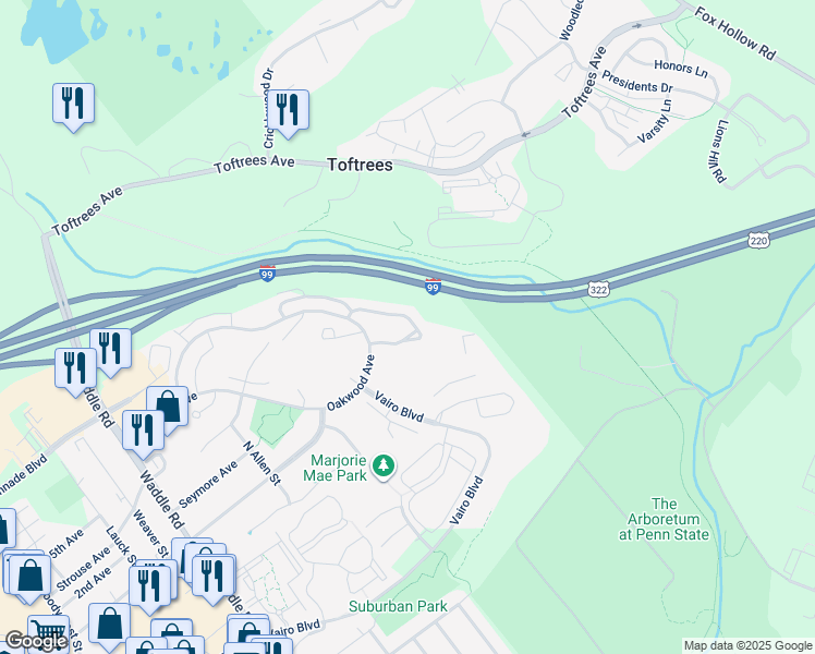 map of restaurants, bars, coffee shops, grocery stores, and more near 632 Oakwood Avenue in State College