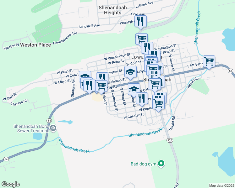 map of restaurants, bars, coffee shops, grocery stores, and more near 421 West Oak Street in Shenandoah