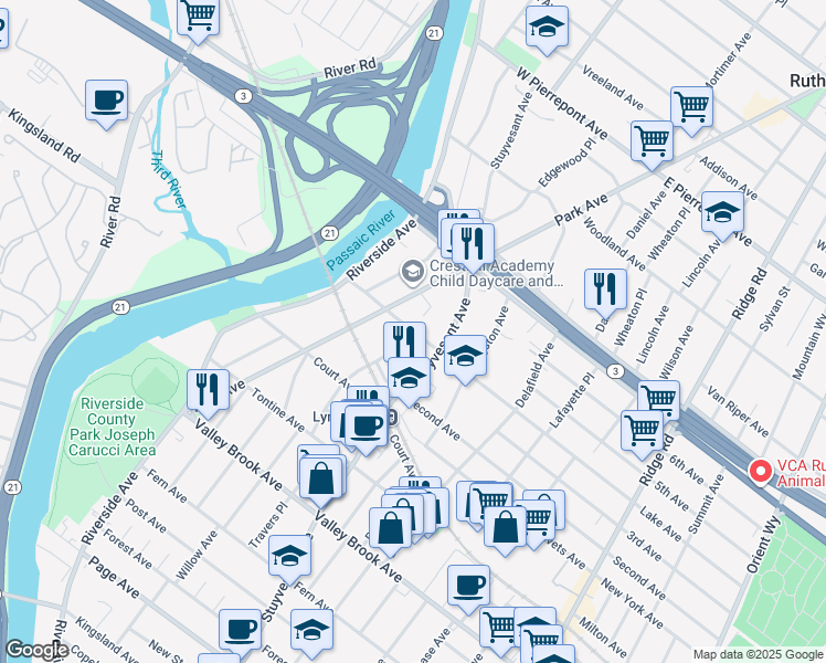 map of restaurants, bars, coffee shops, grocery stores, and more near Lake Avenue & Jay Avenue in Lyndhurst