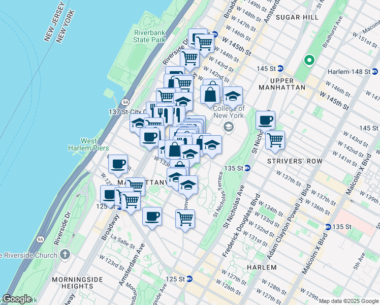 map of restaurants, bars, coffee shops, grocery stores, and more near 1518 Amsterdam Avenue in New York