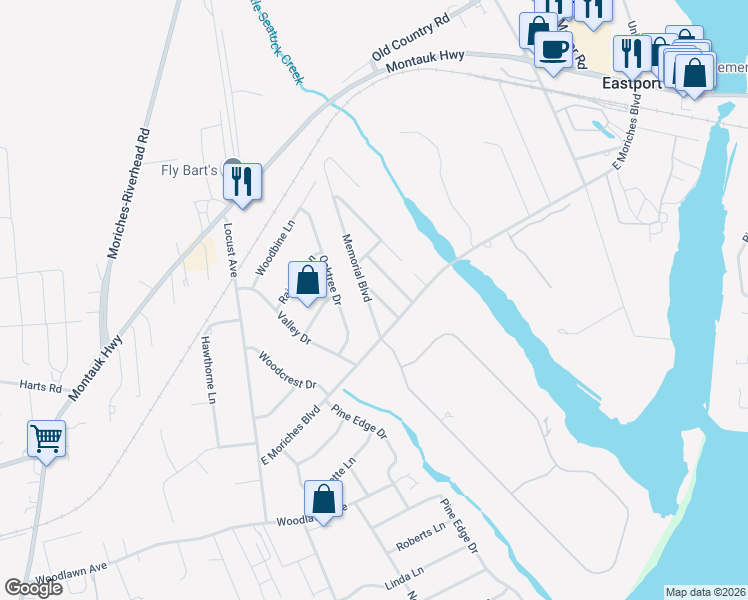 map of restaurants, bars, coffee shops, grocery stores, and more near 15 Memorial Boulevard in East Moriches
