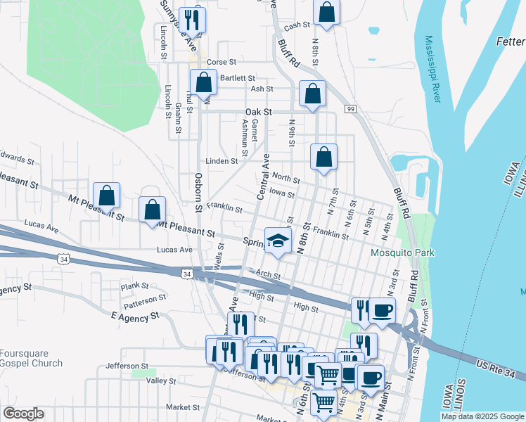 map of restaurants, bars, coffee shops, grocery stores, and more near 1024 North Central Avenue in Burlington