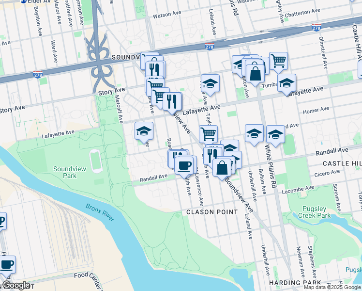 map of restaurants, bars, coffee shops, grocery stores, and more near Seward Avenue & Commonwealth Avenue in Bronx