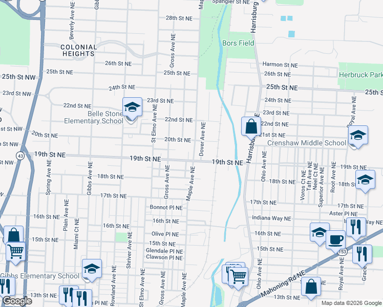 map of restaurants, bars, coffee shops, grocery stores, and more near 1634 20th Street Northeast in Canton