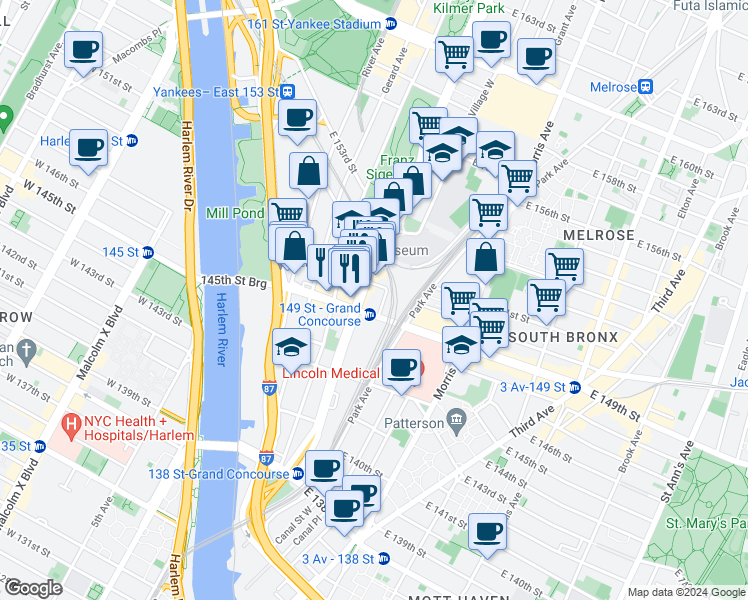 map of restaurants, bars, coffee shops, grocery stores, and more near 558 Grand Concourse in The Bronx