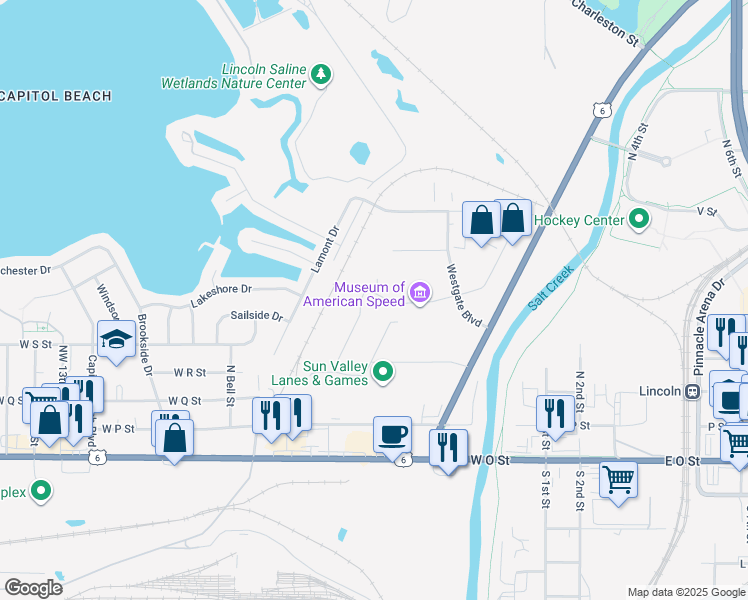 map of restaurants, bars, coffee shops, grocery stores, and more near 340 Victory Lane in Lincoln