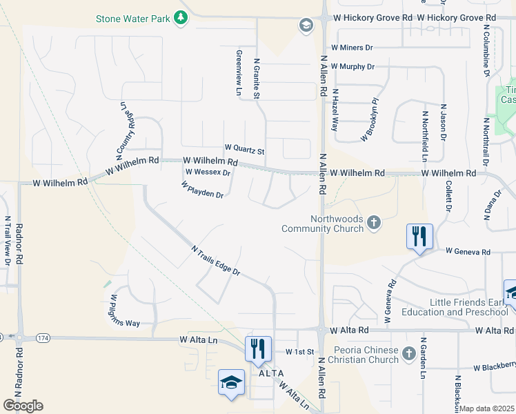 map of restaurants, bars, coffee shops, grocery stores, and more near 2721 West Stonehenge Court in Peoria
