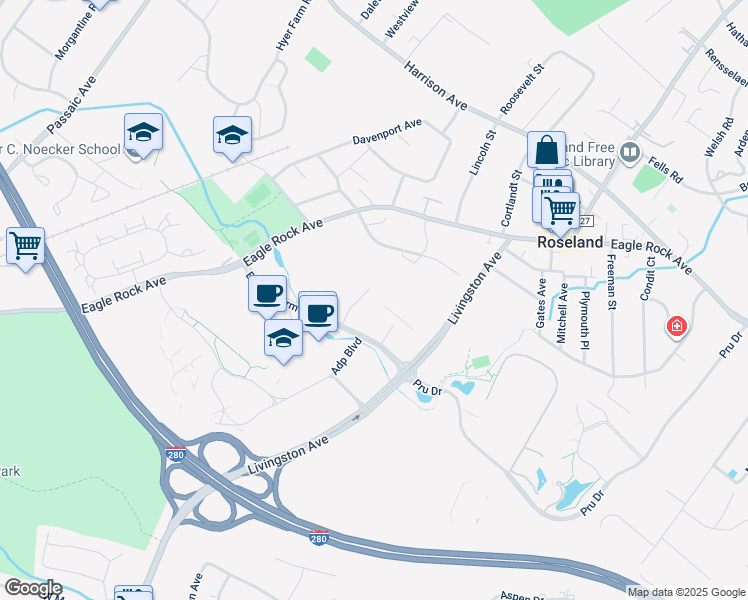 map of restaurants, bars, coffee shops, grocery stores, and more near 6 Becker Farm Road in Roseland