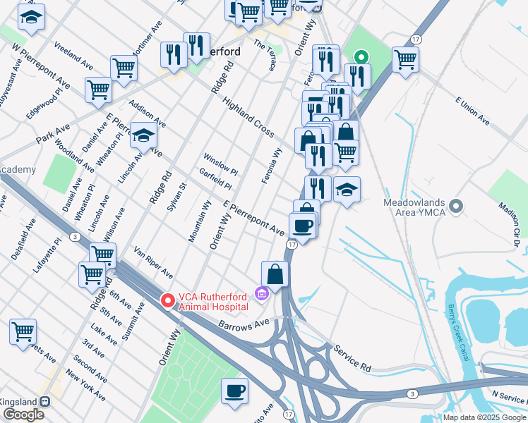 map of restaurants, bars, coffee shops, grocery stores, and more near 240 Feronia Way in Rutherford