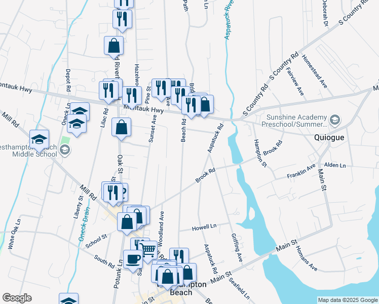map of restaurants, bars, coffee shops, grocery stores, and more near 122 Beach Road in Westhampton Beach