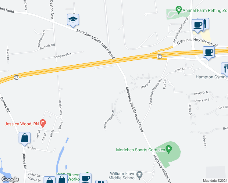 map of restaurants, bars, coffee shops, grocery stores, and more near 54 Misty Pond Circle in Moriches
