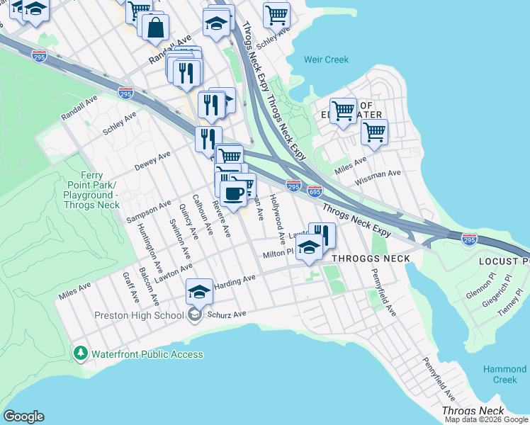 map of restaurants, bars, coffee shops, grocery stores, and more near 295 Hollywood Avenue in Bronx