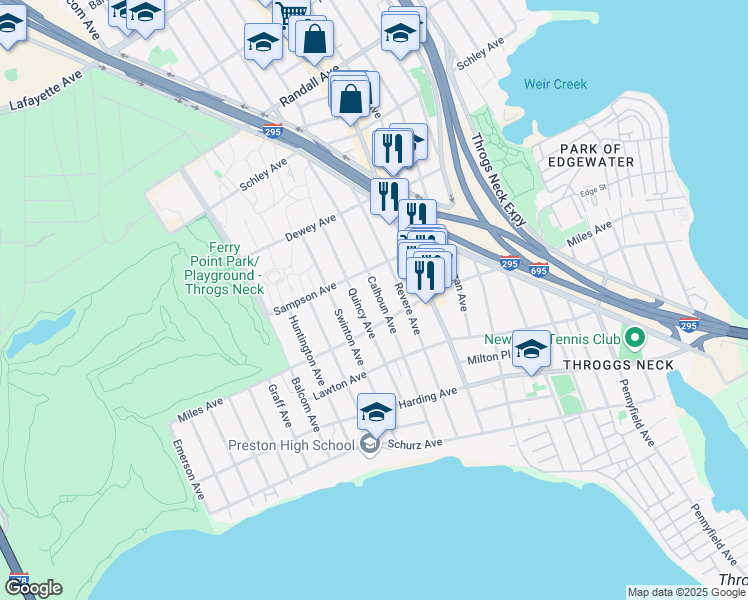 map of restaurants, bars, coffee shops, grocery stores, and more near 342 Calhoun Avenue in Bronx