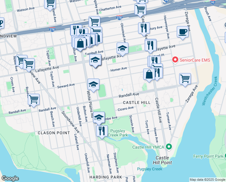 map of restaurants, bars, coffee shops, grocery stores, and more near in The Bronx