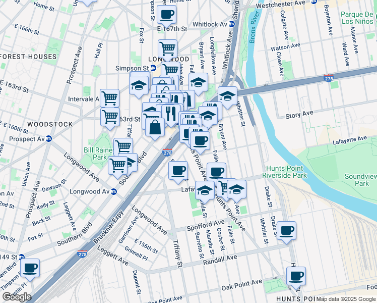 map of restaurants, bars, coffee shops, grocery stores, and more near in The Bronx