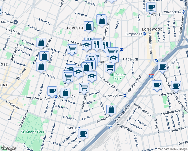 map of restaurants, bars, coffee shops, grocery stores, and more near 821 Prospect Avenue in The Bronx