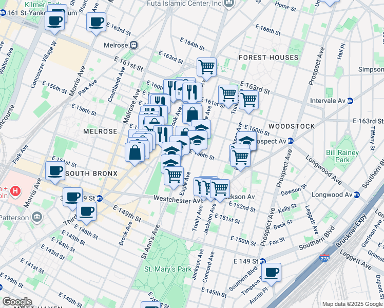 map of restaurants, bars, coffee shops, grocery stores, and more near 609 Eagle Avenue in Bronx