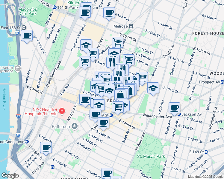 map of restaurants, bars, coffee shops, grocery stores, and more near 378 East 154th Street in Bronx