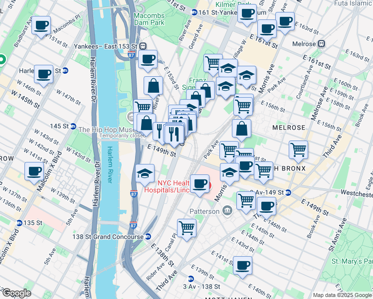 map of restaurants, bars, coffee shops, grocery stores, and more near 598 Grand Concourse in The Bronx