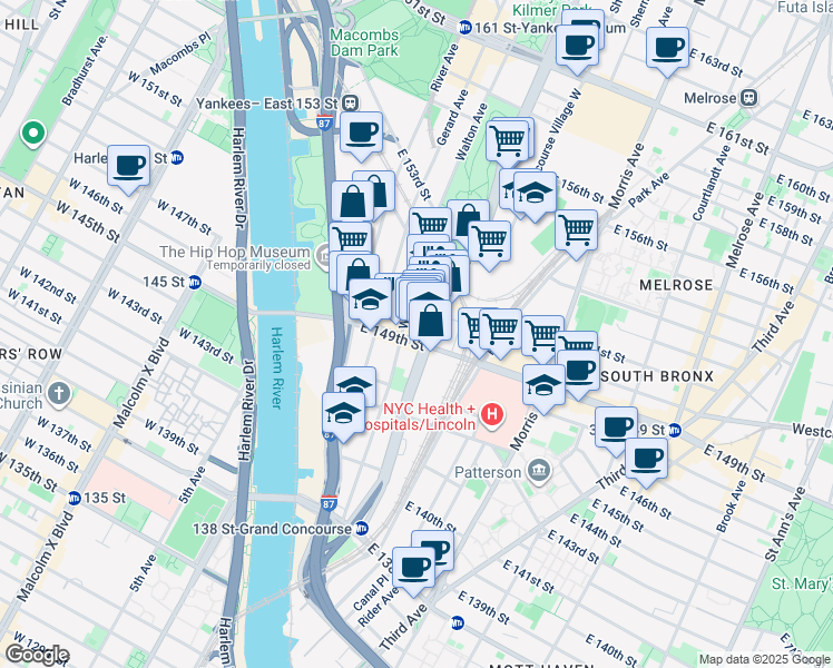map of restaurants, bars, coffee shops, grocery stores, and more near 148 East 150th Street in Bronx