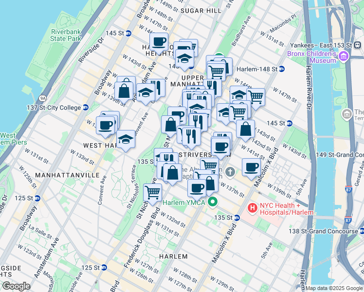 map of restaurants, bars, coffee shops, grocery stores, and more near 317 West 139th Street in New York
