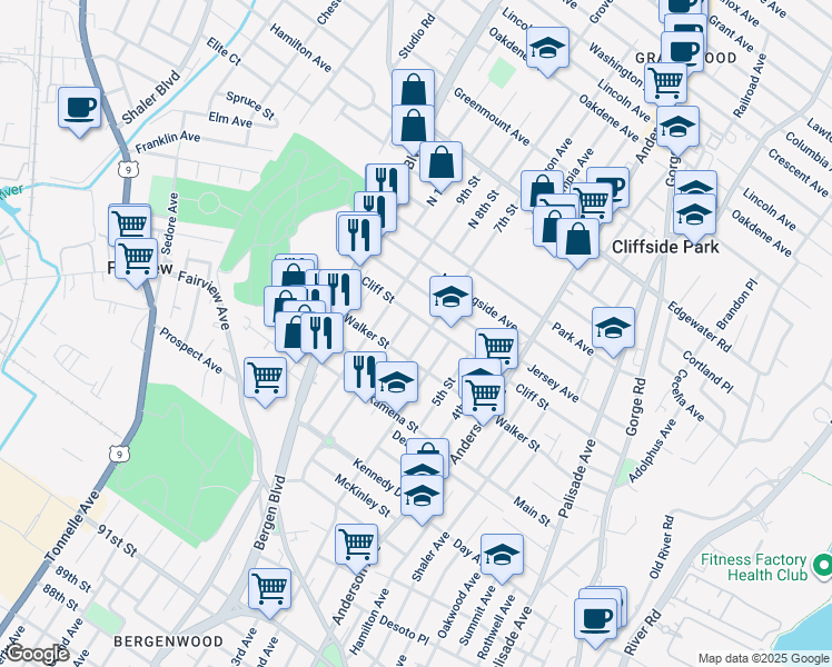 map of restaurants, bars, coffee shops, grocery stores, and more near 454 Cliff Street in Fairview