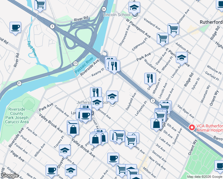 map of restaurants, bars, coffee shops, grocery stores, and more near 24 Stuyvesant Avenue in Lyndhurst