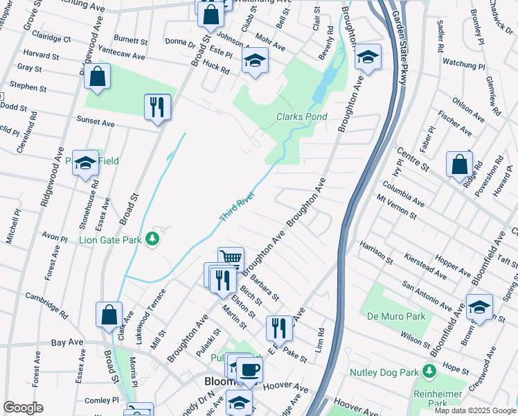 map of restaurants, bars, coffee shops, grocery stores, and more near 40 Rector Place in Bloomfield
