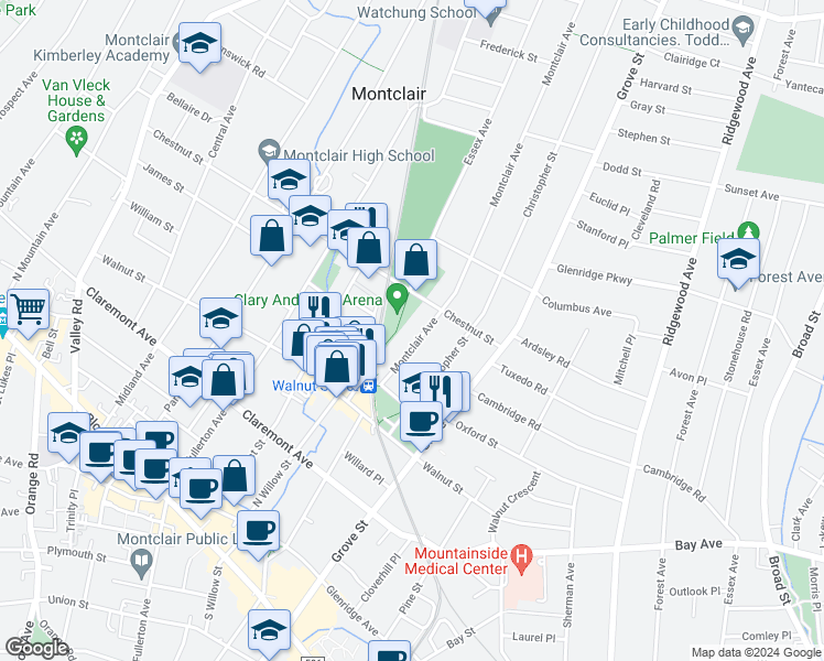 map of restaurants, bars, coffee shops, grocery stores, and more near 40 Montclair Avenue in Montclair