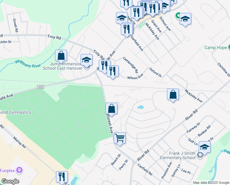 map of restaurants, bars, coffee shops, grocery stores, and more near 22 Deforest Avenue in East Hanover