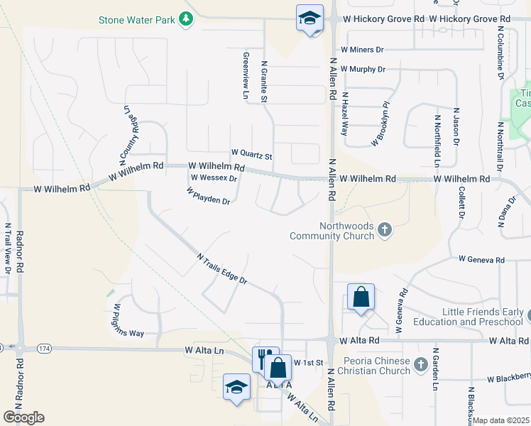 map of restaurants, bars, coffee shops, grocery stores, and more near 2721 West Stonehenge Court in Peoria