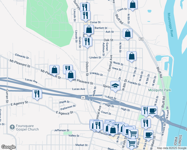 map of restaurants, bars, coffee shops, grocery stores, and more near 1204 Franklin St in Burlington