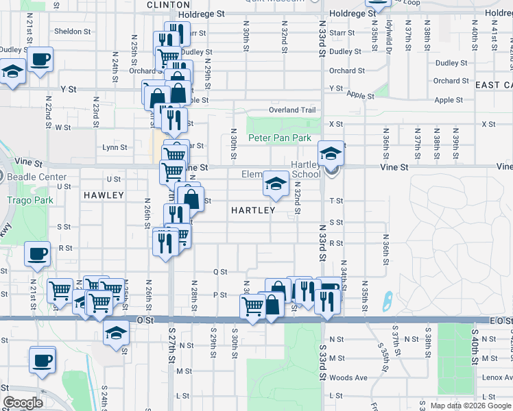 map of restaurants, bars, coffee shops, grocery stores, and more near 3090 T Street in Lincoln