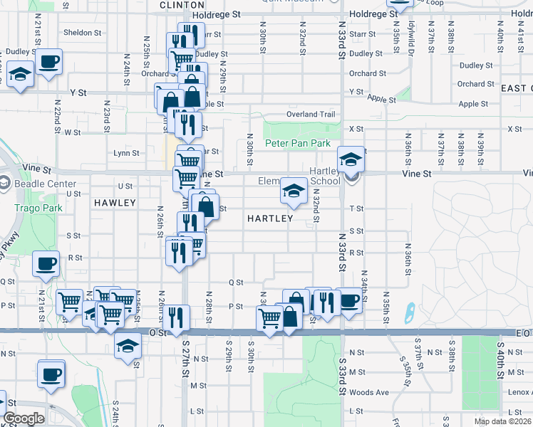 map of restaurants, bars, coffee shops, grocery stores, and more near 3028 T Street in Lincoln