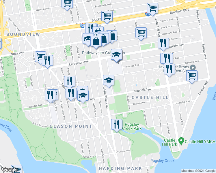 map of restaurants, bars, coffee shops, grocery stores, and more near 601 Stickball Boulevard in The Bronx