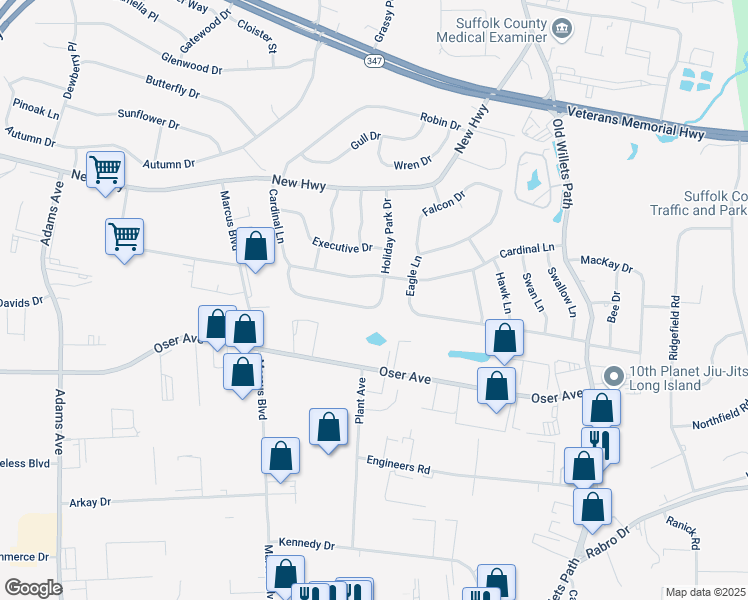 map of restaurants, bars, coffee shops, grocery stores, and more near 50 Holiday Park Drive in Hauppauge